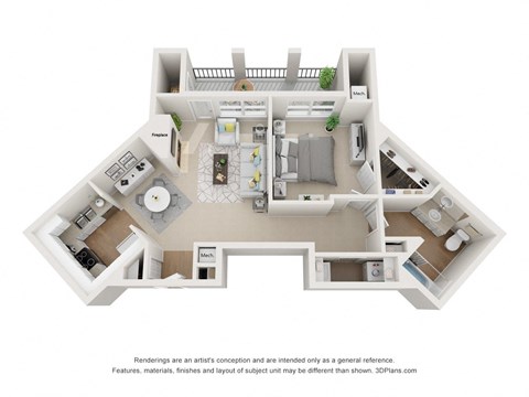 Floor plan for 1 bed, 1 bath, 822 sqft